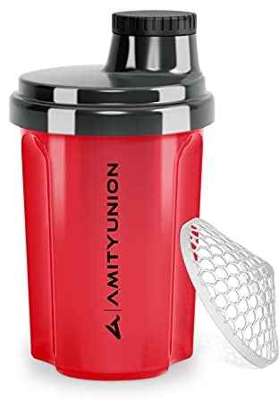 Protein Shaker 300 ml Heaven étanche, sans BPA avec tamis cliquable et balance pour shakes de lactosérum crémeux, coupes de fitness pour isolats et concentrés sportifs, original en Rouge noir