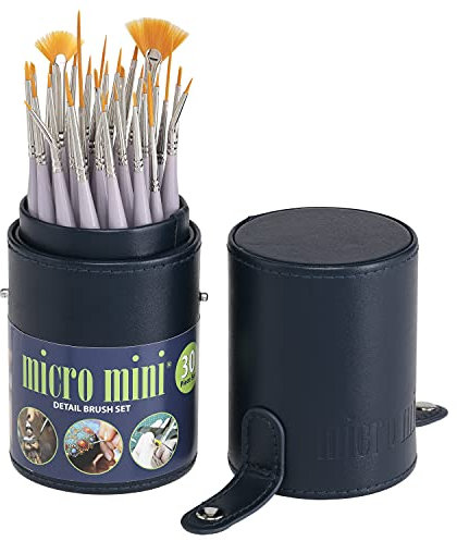 Creative Mark 30 Piece Micro Detail Paint Brush Set, Mini Paintbrushes for Acrylic, Watercolor, Oil, Face, Nail, Scale Model Painting & Line Drawing, Vegan Leather Case Included