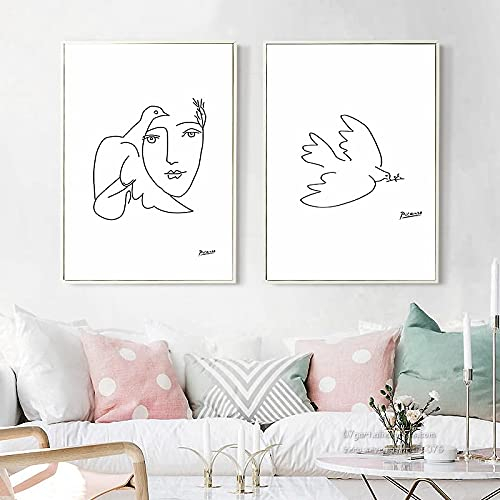 Picasso Abstrakte Schwarzweiß Figur Linie Kunst Malerei Taube Leinwanddruck Poster Bild Wand Wohnzimmer Wohnkultur 60x90cmx2 Rahmenlos