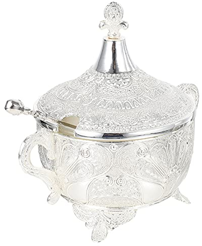 Luxshiny Vintage Storage Box Sugar Bowls with Lid and Silver Carved Condiment Container Metal Seasoning Condiment Pot Pepper Containers for Home Kitchen Restaurant Bottle Dispenser
