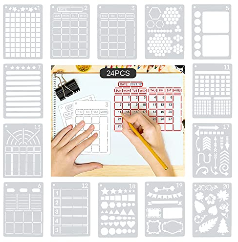 CODIRATO 24 Stück Bullet Schablonen Set Journal Planer Vorlage Kunststoff Malerei Vorlagen DIY Fotoalbum Zeichenschablonen Scrapbooking Schablonen Stencil Schablonen für Tagebuch, Scrapbook