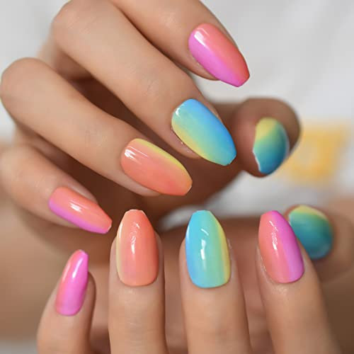 Glossy Multi Color Coffin Press On Nails Short Colorful Ombre Rainbow Fake False Nails Finish Faux Ongles Medium 24 pcs/kit