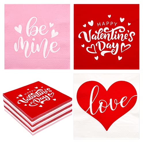 Whaline 120 Stück Valentinstag Servietten Rot Herz Einweg-Servietten Pink Be Mine Dinner Servietten Dekorative Urlaub Party Papierservietten für Valentinstag Party Supplies 16,5 x 16,5 cm 3 Designs