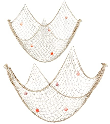 Fonyet Fischernetz Deko mit Muscheln 2 Stücke Strand Thema Fischernetz Dekoration Wanddekoration für Party Home Wohnzimmer Schlafzimmer (200 x 150 cm & 200 x 100 cm)