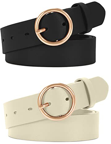 WERFORU 2 Stücke Frauen Ledergürtel für Jeans Hosen Mode Damen Leder Gürtel mit Gold O-Ring Schnalle Schwarz+Beige