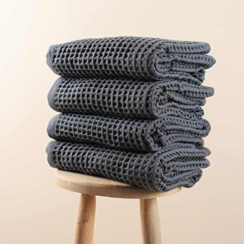 Püskül - 4 Stück Waffelgewebe Badetücher-Sets für Badezimmer - Bio, schnell trocknend, saugfähig, 100% türkische Baumwolle, Wabenmuster, Handtücher, Badeset - 81,3 x 160 cm (Dunkelgrau, 4)
