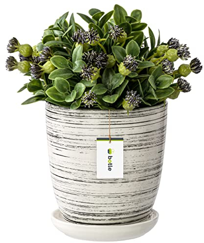 botle Blumentopf Blumenübertopf weiß gewischt Blumenschale mit Untersetzer Rund BxH 195 mm x 215 mm Oberfläche Glanz Keramik Modern Glamour