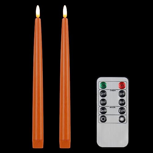 CVHOMEDECO. Flameless Taper Candles with 10-Key Remote, Battery Operated Led Flickering 3D Wick Window Candles Real Wax Finished Home Christmas Party Decor 0.78 x 11 Inch, Pack of 2, Orange