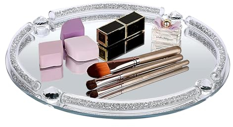 HYEIOL Bandeja de espejo, 25 cm, bandeja decorativa, bandeja de baño, bandeja decorativa, organizador de joyas para baño, tocador, bandeja con espejo de cristal (plata)