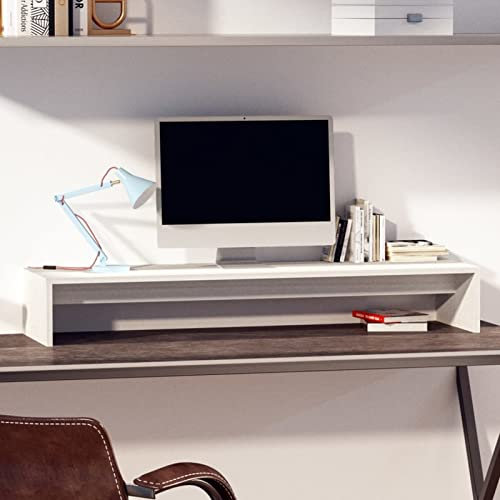 Homgoday Supporto per Monitor Bianco 100x27x15 cm Legno Massello di Pino, Mobile Porta TV Mobiletto Basso per TV per Tavolino da Salotto Industriale Supporto TV Soggiorno Bianco