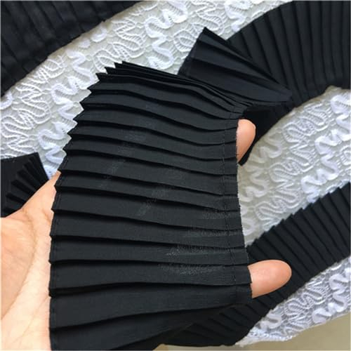 HIQIU 3 Yards 3D Plissee Spitze borte Trim Spitzenstoff Chiffon Rüschen Kleid Rock Saum Stoff Vorhänge Nähen Rand Trim Dekor ca. 8cm Breite (Schwarz)