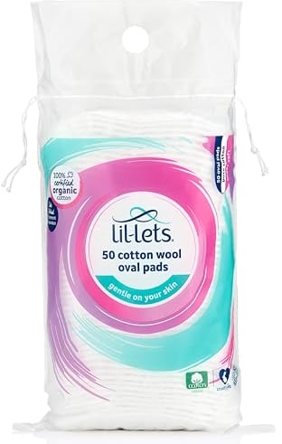 Lil-Lets Cotton Wool Oval Pads, 50 Count, Certified Organic, 100% Pure Cotton Wool, Extra Large, Soft and Absorbent, Gentle on Skin, Dermatologically Tested