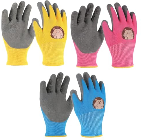WUSANNA 3 paar Arbeitshandschuhe Kinder, Gartenhandschuhe Kinder,Cartoon Arbeitshandschuhe, Schutzhandschuhe für 3-5 Jahre Geeignet für Gartenarbeit, Arbeit und Freizeit(Gelb, Blau, Rosa)
