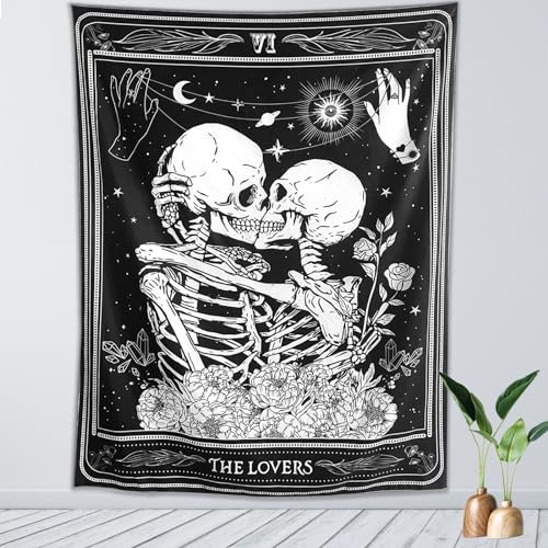 KJHL The Lovers Totenkopf-Wandteppich, schwarz-weiß, Skelett-Tapisserie, Gothic-Raumdekoration, Hexen-Wandteppich, ästhetischer Wandbehang für Schlafzimmer, Wohnzimmer, 152,4 x 111,8 cm