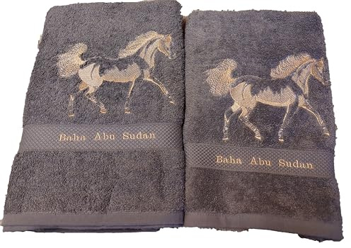 Duschtuch, Handtuch oder SET Geschenk Pferd Pferdesport personalisiert bestickt (Handtuch 50 x 100 cm, dunkelgrau)