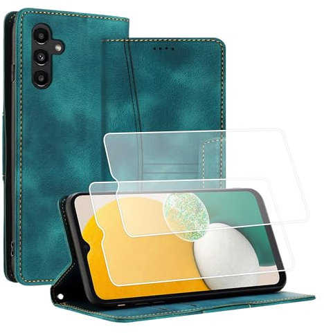 Yihaoyard Handyhülle für Samsung Galaxy A14 4G/5G Hülle Premium Klappbar Lederhülle Flip Case Handytasche Magnet Kartenhalter Standfunktion Klapphülle für Samsung Galaxy A14-2 Schutzfolie (Grün)