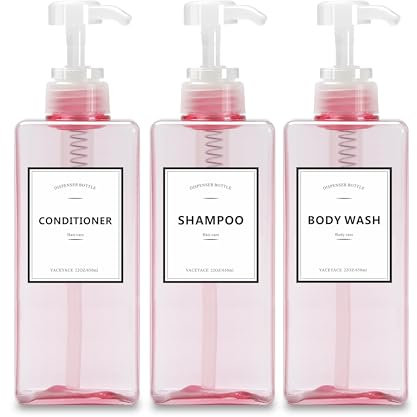 Shampoo and Conditioner Dispenser Travel, YACEYACE 22oz Set of 3 Empty Soap Dispenser Bottles,Pink Travel Shampoo Bottles,Refillable Shampoo Bottles