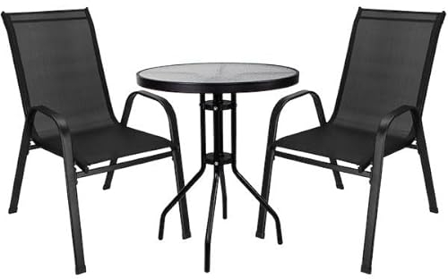 Koopmann Bistroset Balkonset Gartenstühle - Bistro-Set 3-teilig Balkonmöbel-Set - Tarassentisch Rund Stapelstühle Hochlehner Stapelbar Gehärtetes Glas Metal Wetterfest