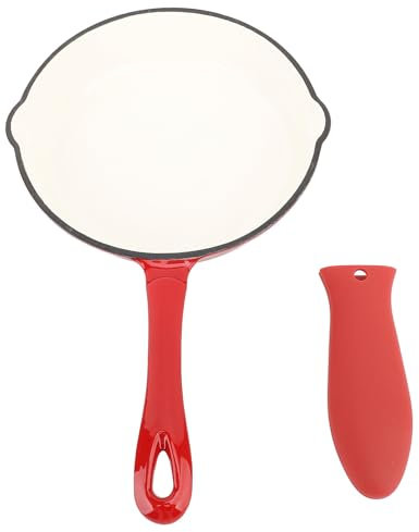 Enameled Cast Iron Round Skillet,Red Cast Iron Skillet with Rubber Handle Cover,Nonstick Kitchen Fry Pan,Grill Cookware for Camping Cooking Grilling (16cm)
