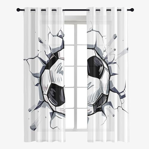 Hixingo Sheer Voile Gardinen Fußball-Druck Vorhänge, 2er Set Vorhang mit Ösen, Mode Halbtransparent Scheibengardinen Wohnzimmer Küchen (140x244cm,Fußball 2)