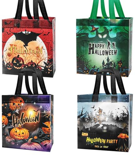 Mooshy Halloween Geschenktüte Tasche, 4 Stück Halloween Süßigkeit Süßes Taschen mit Griffen für Trick or Treat, Non Woven Halloween Beutel für Süßigkeiten, Halloween Tüten Deko Kinderparty 20×20×8cm