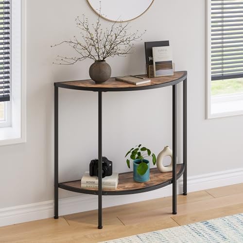 VECOCHO Konsolentisch Schmaler Sofatisch mit 2 Ebenen Moderner Beistelltisch Kleiner Tisch,Flurtisch,Halbrunder Couchtisch für Wohnzimmer, Schlafzimmer, Balkon,Console Table,Retro-Braun