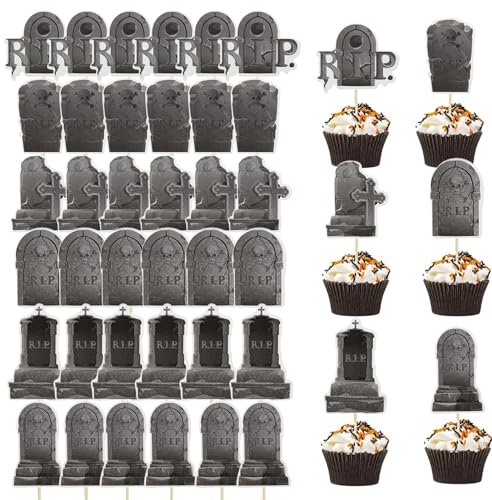 KHDULQ 36 Stücke Halloween Kuchen Deko, Cupcake Topper, Grabstein Tortendeko, Muffins Dessert Dekoration für Gruselige Mottopartys