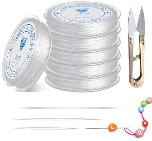 6 Pezzi Filo Elastico di Cristallo per Creazione Gioielli, DIY, Artigianato - Con Aghi per Perline (0.4mm, 0.5mm, 0.6mm, 0.7mm, 0.8mm, 1.0mm)
