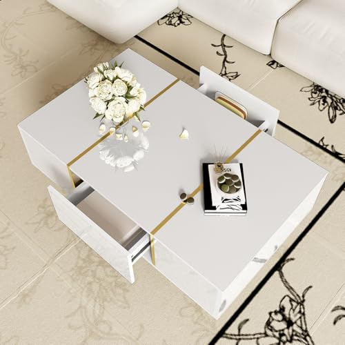 BTM Weißer Couchtisch mit Hochglanz, modern und schlicht, mit 2 Schubladen