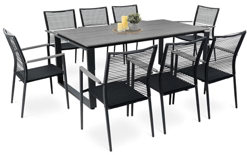 di volio Gartenmöbel-Set Aluminium für 6-8 Personen Outdoor Lounge Prezza | Stapelstühle, Textilene, Kunstholz, verstellbare Standfüße, pflegeleicht, wetterfest, Terrasse, Garten, UV-beständig