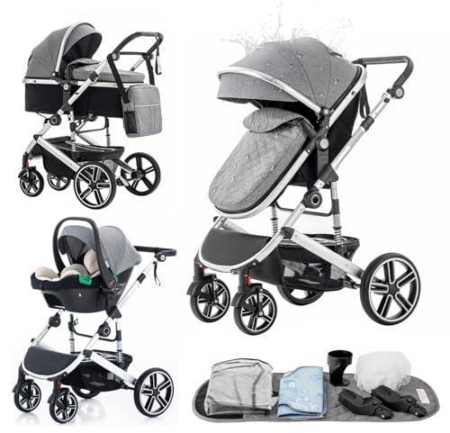 Gcarebb 3 in 1 Kinderwagen Reisesystem, Kinderwagen mit höhenverstellbarem Griff, Reisewagen mit Moskitonetz, Baby-Kinderwagen mit Aluminiumrahmen für Neugeborene 0-4 Jahre