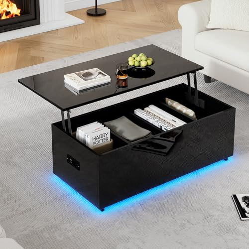 BTM Table Basse Relevable avec LED, avec Rangement Caché et USB & Prise de Charge, Moderne Coffee Table Salon Rectangulaire Noir Brilllant, Charge 40kg, 100x50x35 cm