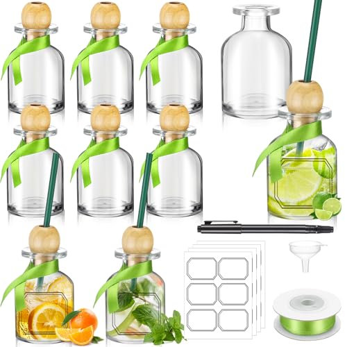 Baderke 10 Pcs 50 ml Glass Patron Bottles with Cork and Straw Mini Empty Tequila Bottles for Drinks Reusable Tiny Liquor Jar with Green Ribbon for Wedding Party Personalized Decoration