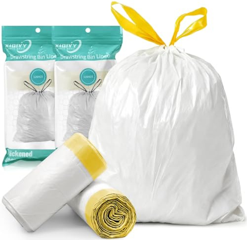 XIQIYY 20L Bin Liners Drawstring Pedal Bin Bags 20 Litres 64 Counts White Small Garbage Bags Thick, Pre-separated, Leakproof, Strong Trash Bags for Bathroom, Office, Kitchen Fit UK 15l-20Liter Bins