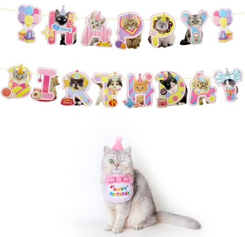 Y5MPDLQ Happy Birthday-Banner mit Katzen-Motiv, Party-Dekoration, niedliches Katzengesicht, hängende Wimpelkette für Kätzchen, Partyzubehör