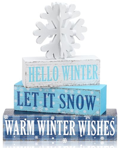 Geelin 4 Pieces Hello Winter Wooden Table Decorations Let It Snow Wooden Signs Rustic Snowflake Tiered Tray Decor Winter Wishes Tabletop Centerpieces for Home Desk Room Kitchen Shelf