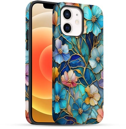 XTCASE 2 in 1 Case for iPhone 12/12 Pro, Dual Layer Protective with Stained Blossom Floral Pattern Design for Women Girls, Hard PC Back Anti-Fingerprint + TPU Inner Bumper Shockproof, Blue