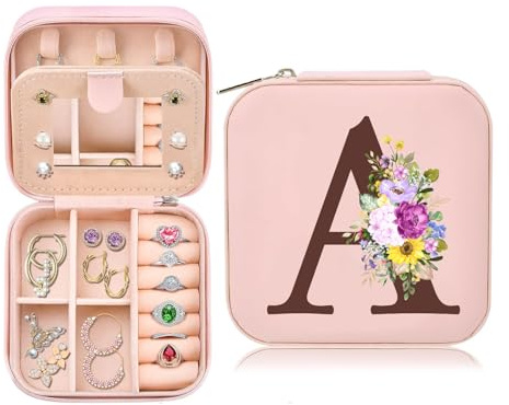 Schmuckkästchen Klein, Schmuckschatulle für Mädchen, Schmuckbox Damen, Reise Schmuck Etui, Jewelry Organizer Leder für Ohrringe Halsketten Ringe, Hochzeit Geburtstag Weihnachten Geschenk, Initialen A