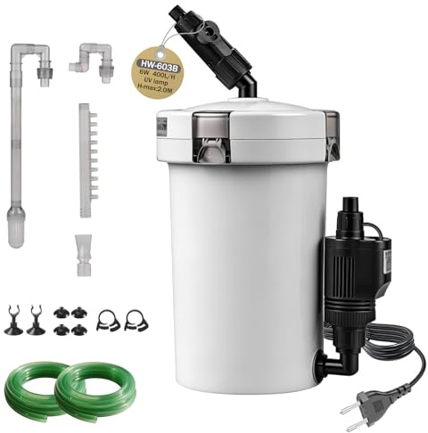 EXLECO Außenfilter Aquarium mit UV Lampe 400L/H 6W Aquarien Filter bis 120L | Einstellbar Aquariumfilter Leistungsstarker 4 Stufen Kanisterfilter, Kammerfilter mit Filtermaterial Schlauch HW-603B