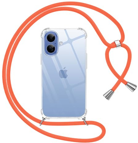 Pnakqil Coque pour iPhone 17 avec Cordon, Transparente Silicone Housse avec Réglable de Collier Anti-Chute Etui pour iPhone 17, Ètuis à Bandoulière 6.3, Orange