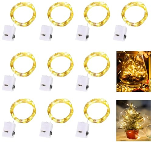 Dooozy 10 Stück Micro LED Lichterkette, 2M 20 Led Lichterkette 3 Modi Batterie Kupfer Drahtlichterkette Wasserfest für Weihnachten Außen Garten, Innen Hochzeit, Party(Warm Weiß)