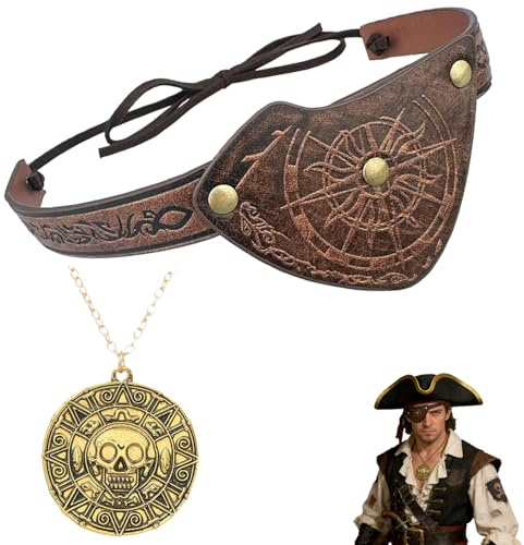 2 PCS Piraten Zubehör Set, Geprägt Augenklappe Pirat, Goldene Piraten Schmuck Halskette, Pirate Accessories für Karneval, Halloween, Piraten Kostüm Damen, Piratenkostüm Herren, Pirat Kostüm Damen