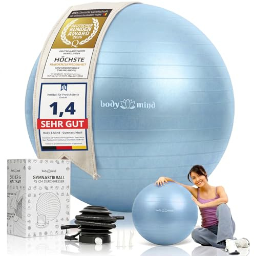 Body & Mind Gymnastikball inkl. Luftpumpe - Anti-Burst Pilates Ball, Pezziball für Schwangerschaft Ergonomischer Sitz als Büro-Stuhl, Sitzball für Yoga, Gymnastik & Workout