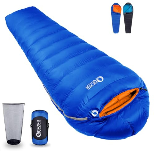 QEZER Daunenschlafsack,Warmer Leichter Winter Schlafsack 0°C bis -23°C für Erwachsener und Kind 4 Jahreszeiten Camping Outdoor und Indoor