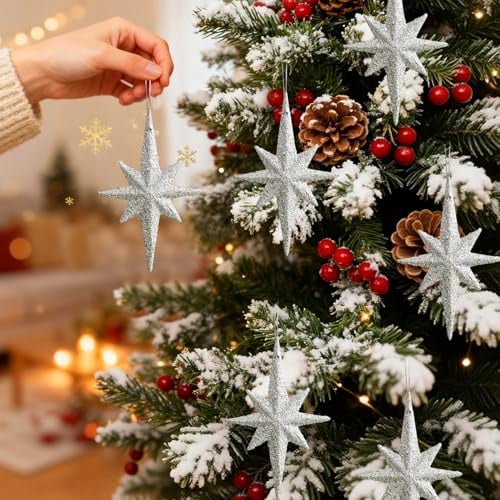 6 x Weihnachtsbaumschmuck, Weihnachtsdeko Weihnachtsstern Anhänger (Silber) | Glitzer Weihnachtsbaum Stern Deko, Christbaumschmuck Funkelnd, Hängende Baumschmuck für Hochzeit Fenster Dekoration