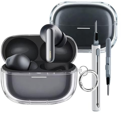 Custodia per Xiaomi Redmi Buds 8 Pro/Buds 6 Pro, in silicone, morbida e antiurto, ultra sottile, protezione completa, con penna per la pulizia e moschettone, trasparente