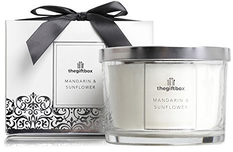 Mandarin and Sunflower Large Scented Candle Gift, Complete with a Shiny Lid, Gift Box Ribbon. Scented Candles Make for Women, Great Gifts for Her or Perfect Women’s Gifts.