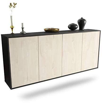Dekati Sideboard Lakewood hängend (180x77x35cm) Korpus anthrazit matt - Front Holz-Design Zeder - Push to Open
