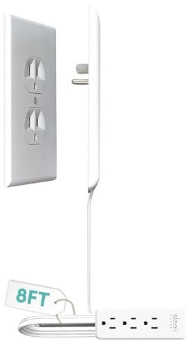 Sleek Socket Black Power Strip with 8ft Cord, 3 Outlets, Adhesive Strips & Cord Clips