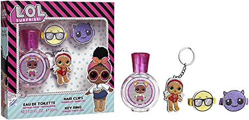 L.O.L. SURPRISE Surprise Geschenkset: Parfüm für Kinder (30 ml) in schönem Glasflakon, Haarklammern und Schlüsselanhänger im LOL-Design